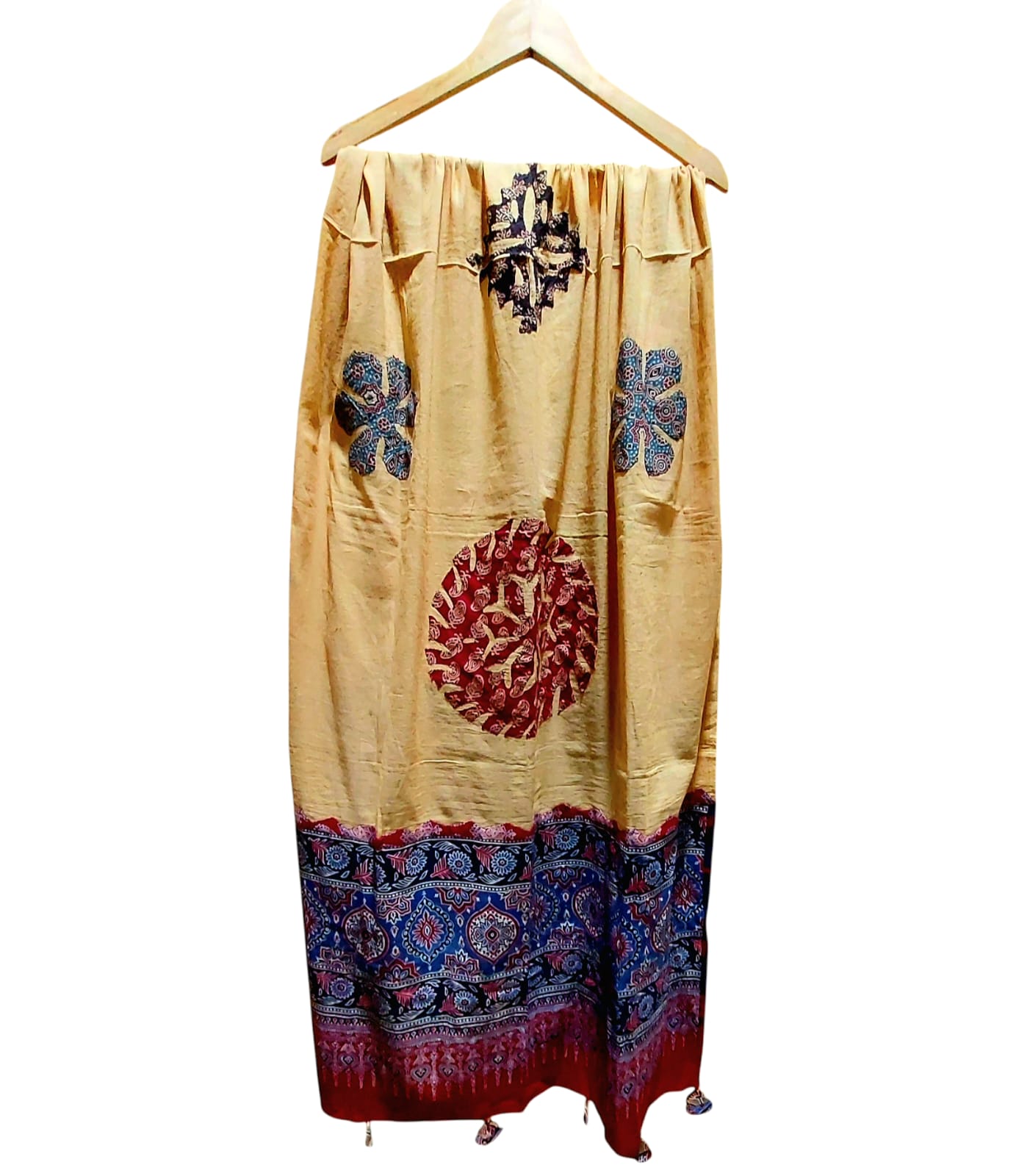 Pure Cotton Ajrakh Hand Block Printed Floral Design Patchwork Dupatta (With Tassels)