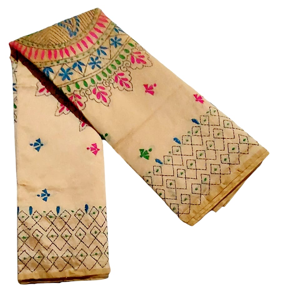 Hand Embroidered Kantha Cotton Silk Saree With Thread Work, Comfortable Fabric And Blouse Piece