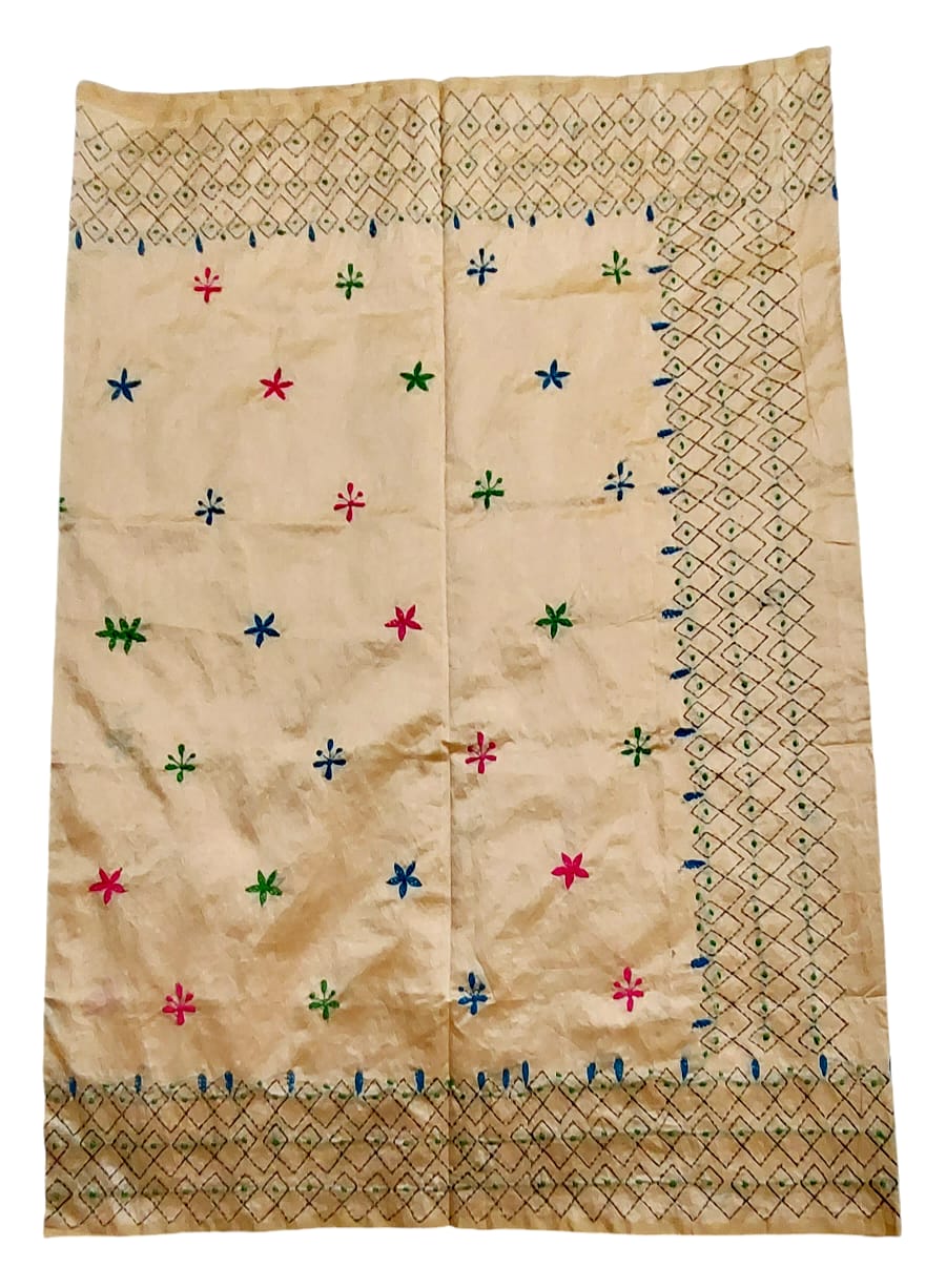 Hand Embroidered Kantha Cotton Silk Saree With Thread Work, Comfortable Fabric And Blouse Piece