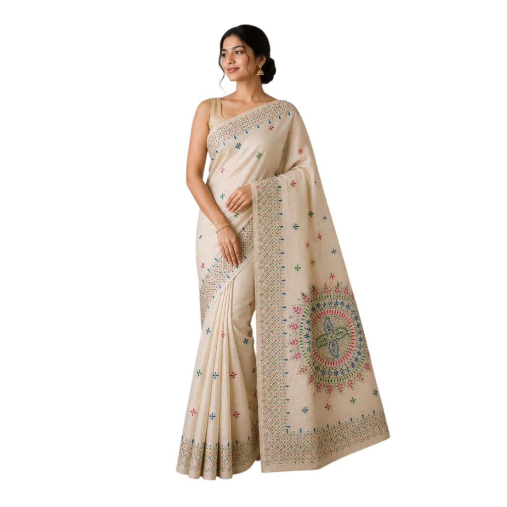 Hand Embroidered Kantha Cotton Silk Saree With Thread Work, Comfortable Fabric And Blouse Piece