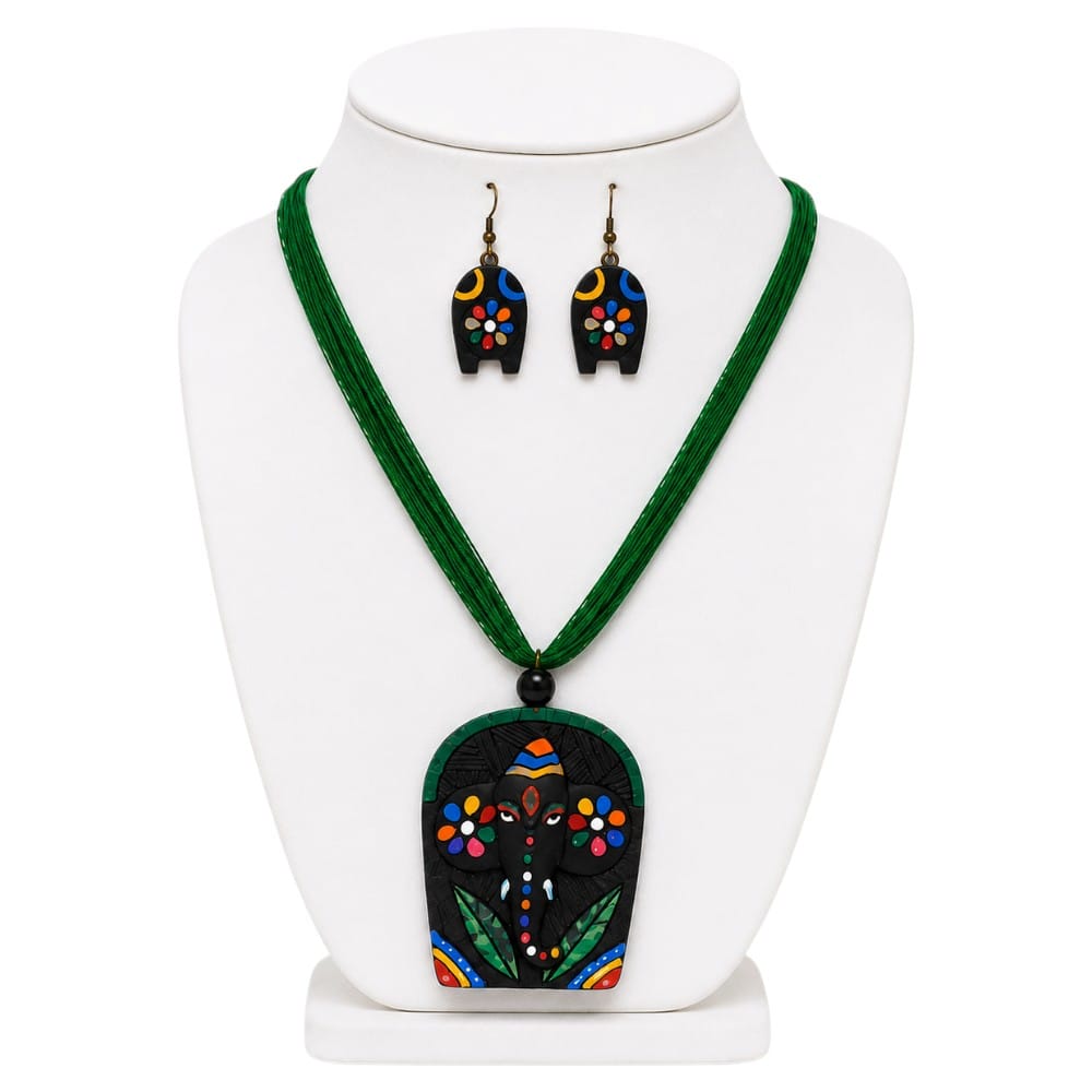 Purely Handmade Terracotta Ganesh Bappa Design Jewellery Necklace Set