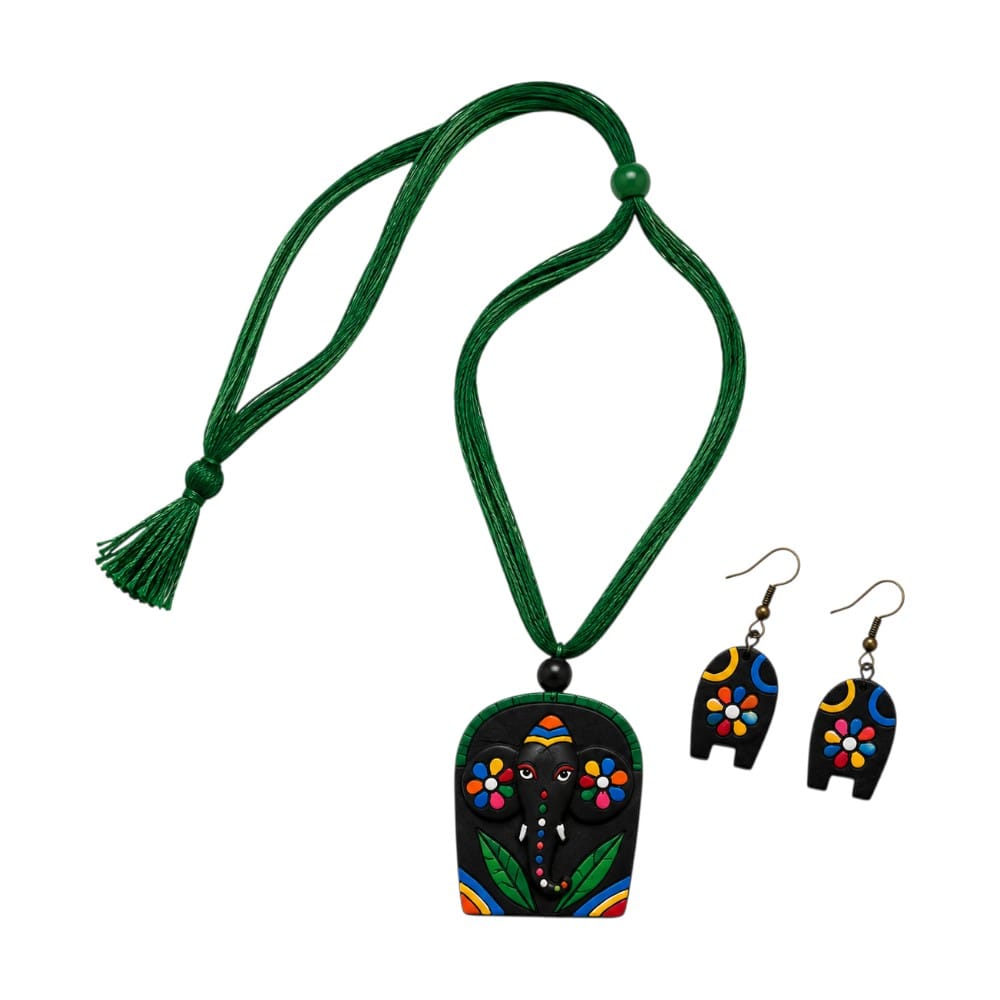 Purely Handmade Terracotta Ganesh Bappa Design Jewellery Necklace Set