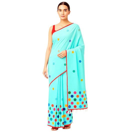 Handloom Pure Cotton Saree with Blouse Piece & Stylish Multicolour Polka Dots | Comfortable & Lightweight