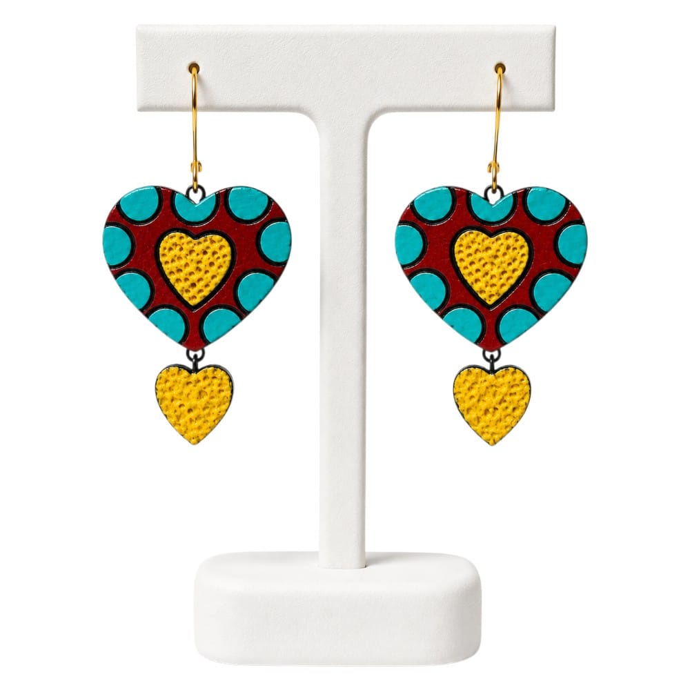 Lightweight Handcrafted Heart Shaped Terracotta Dangle Earrings (Geometric Pattern)
