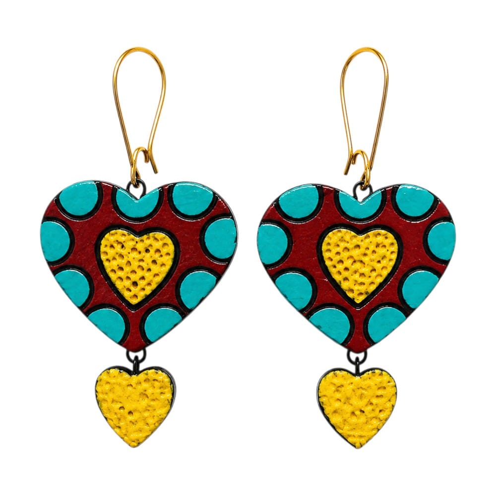 Lightweight Handcrafted Heart Shaped Terracotta Dangle Earrings (Geometric Pattern)