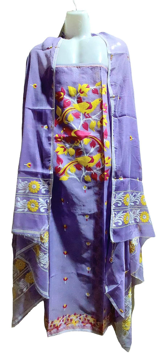 Purely Handmade Kota Silk By Cotton 2 piece Suit Set With Jamdani Weave