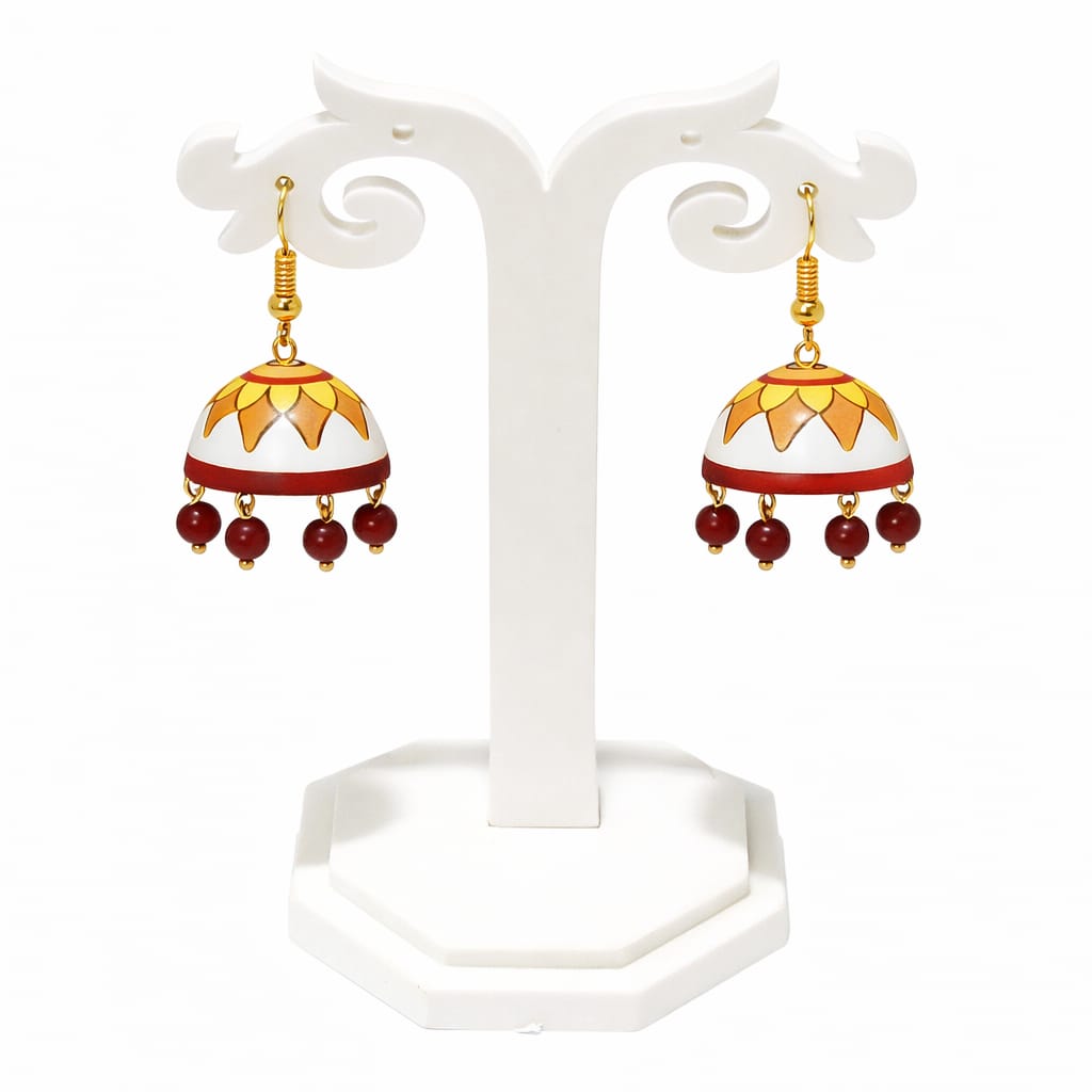 Purely Handmade Terracotta Multi-Coloured Dome Shaped Jhumka Earrings(With Beads)