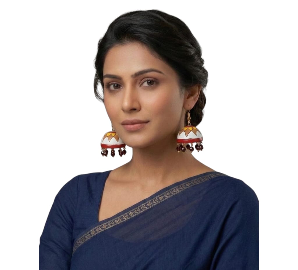 Purely Handmade Terracotta Multi-Coloured Dome Shaped Jhumka Earrings(With Beads)
