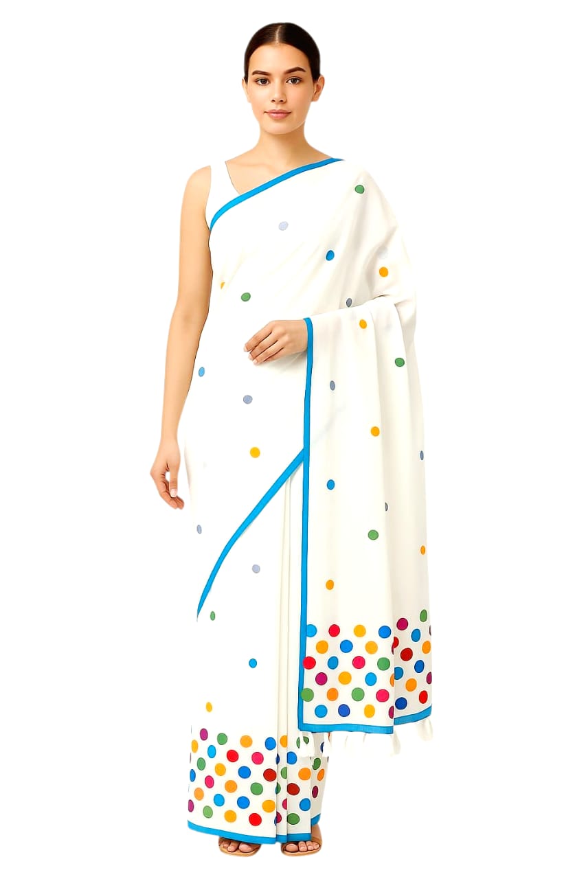 Handloom Pure Cotton Saree with Blouse Piece & Stylish Multicolour Polka Dots | Comfortable & Lightweight