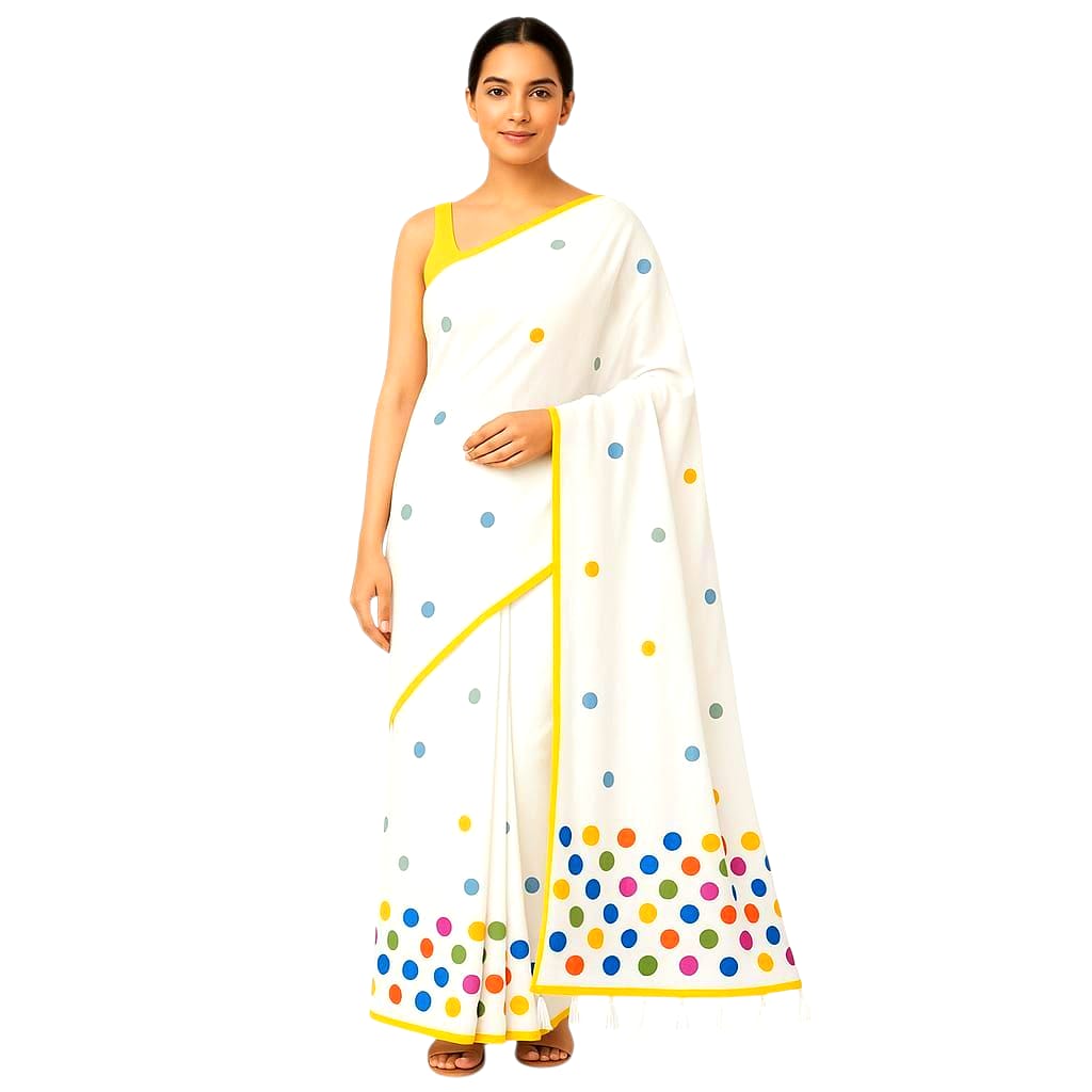 Handloom Pure Cotton Saree with Blouse Piece & Stylish Multicolour Polka Dots | Comfortable & Lightweight