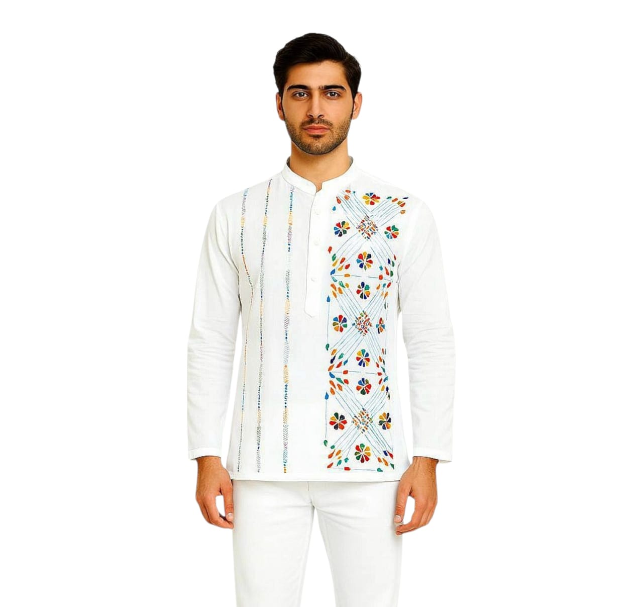 Pure Cotton Short Kurta For Men( With Kantha Stitch Hand Embroidery Work)