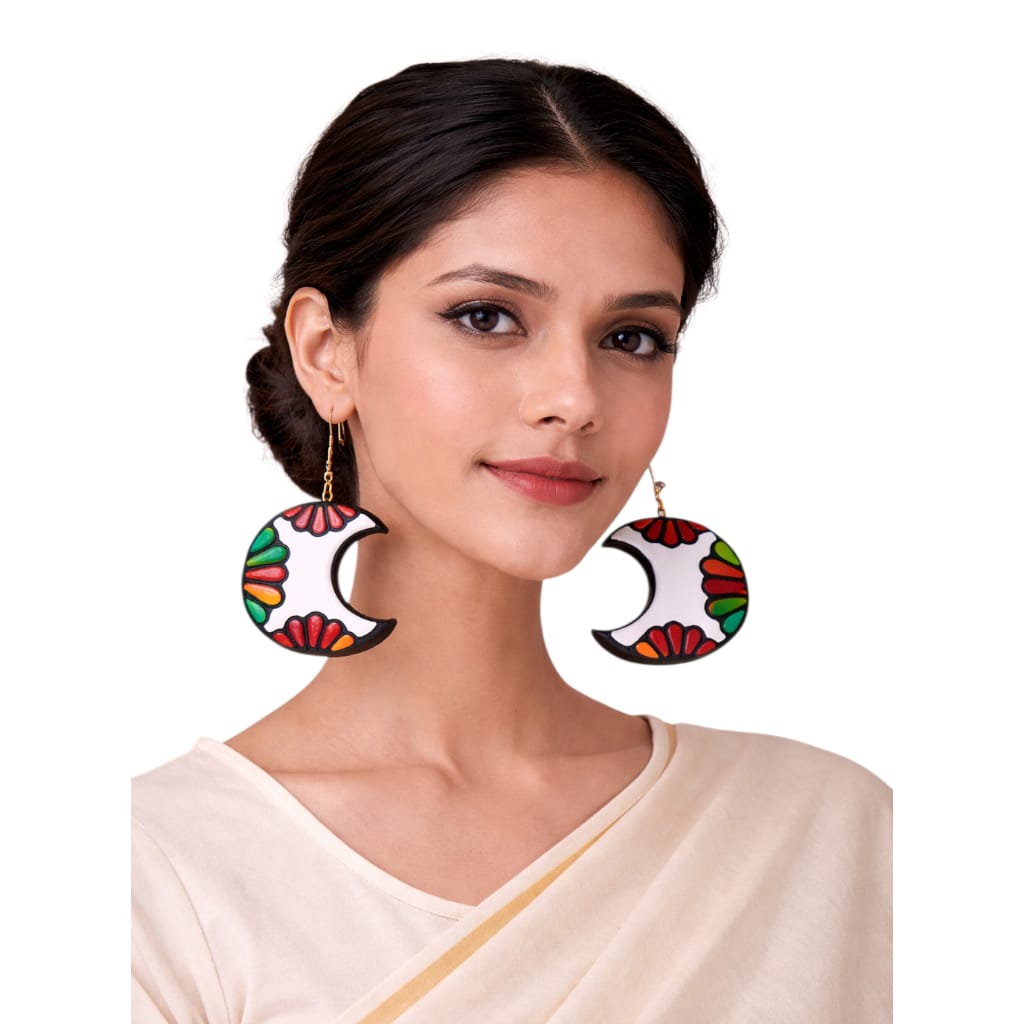 Terracotta Half-Moon Shaped Dangle Earrings(Floral Design)