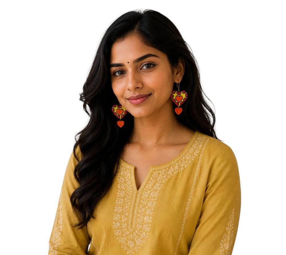 Lightweight Handcrafted Heart Shaped Terracotta Dangle Earrings (Geometric Pattern)