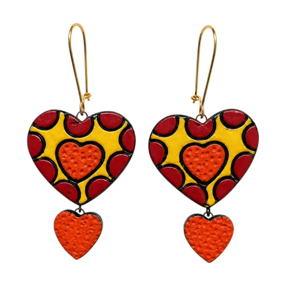 Lightweight Handcrafted Heart Shaped Terracotta Dangle Earrings (Geometric Pattern)