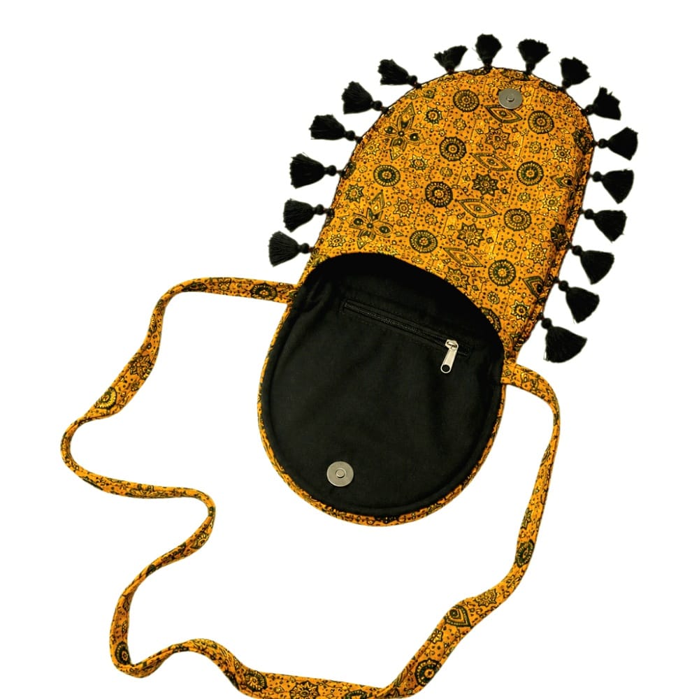 Gajji Silk Ajrakh Printed Leather Crossbody Flip Sling Bag
