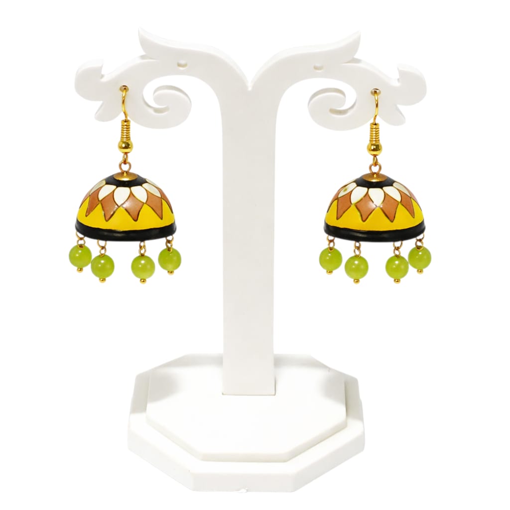 Purely Handmade Terracotta Multi-Coloured Dome Shaped Jhumka Earrings(With Beads)
