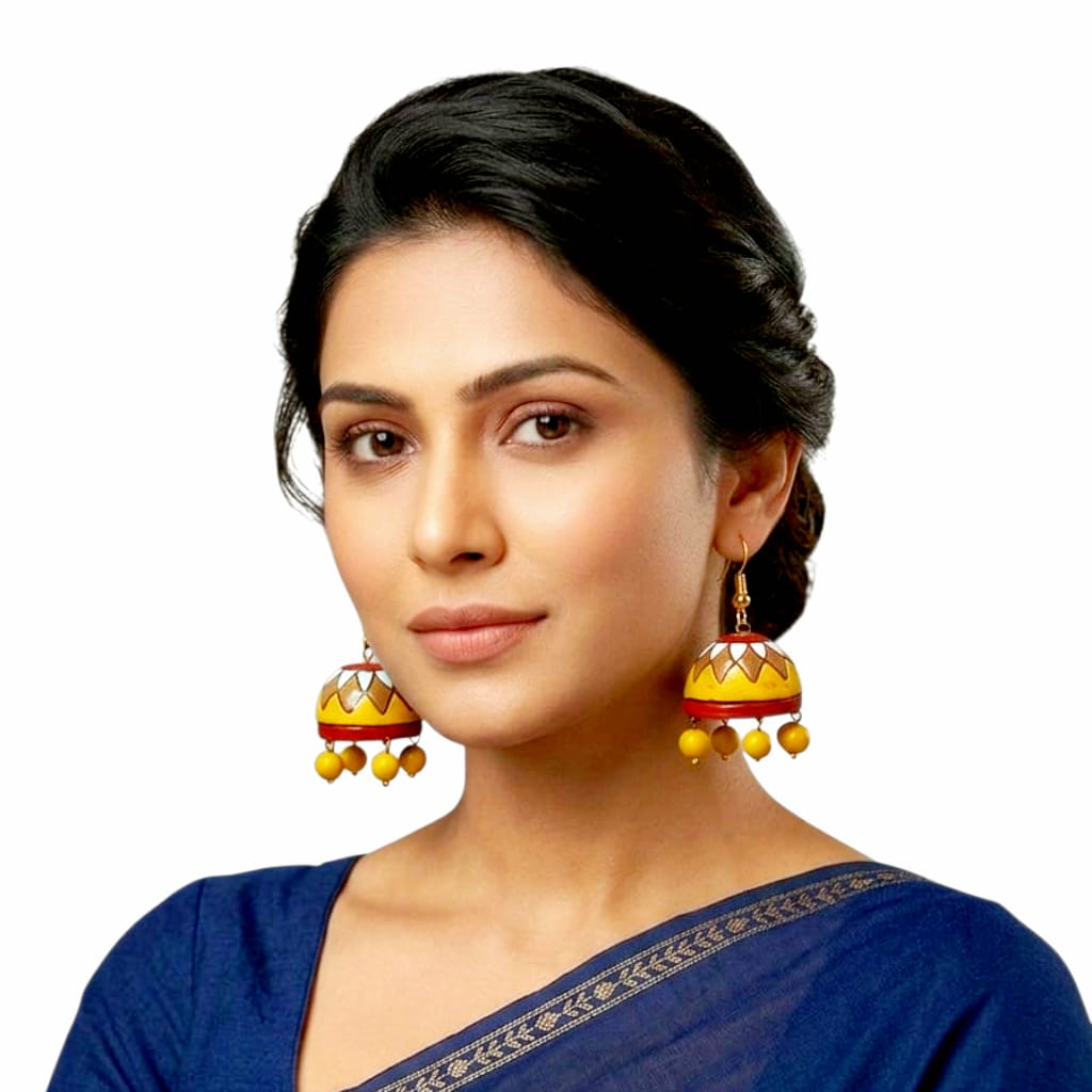Purely Handmade Terracotta Multi-Coloured Dome Shaped Jhumka Earrings(With Beads)