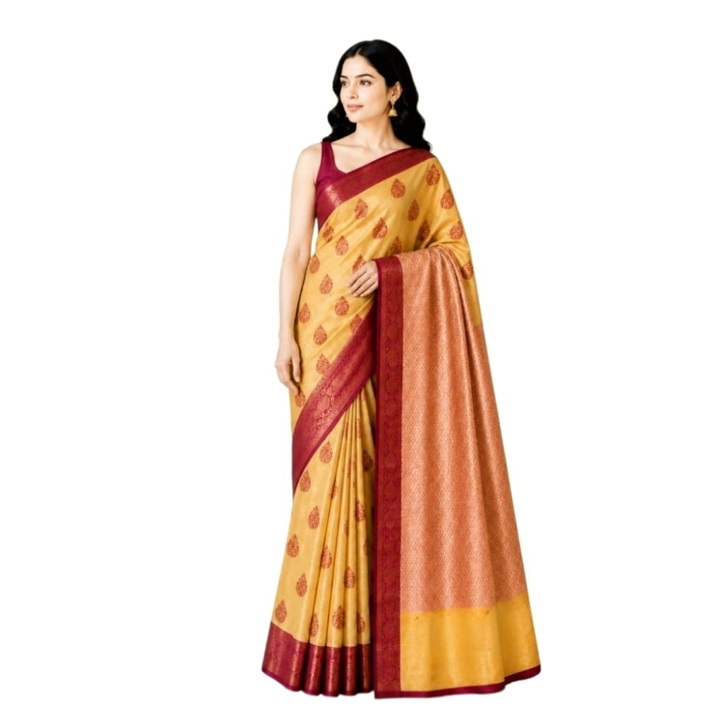 Gorgeous Silk By Cotton Saree With Stunning Zari Woven Ethnic Motifs